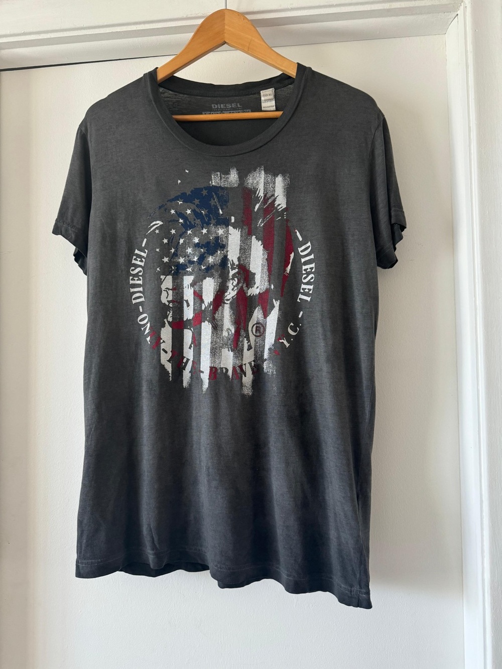 Diesel Men’s Charcoal Tee with American Flag Graphic